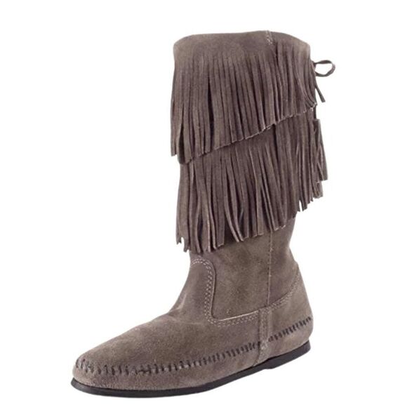 Minnetonka Suede Calf Hi 2-Layer Fringe Boot, Grey Size 7 - Picture 1 of 12